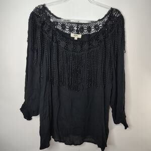 Kye Mi Top Womens Large Black Fringe Floral Lace Balloon Sleeves‎ Boho Hippie